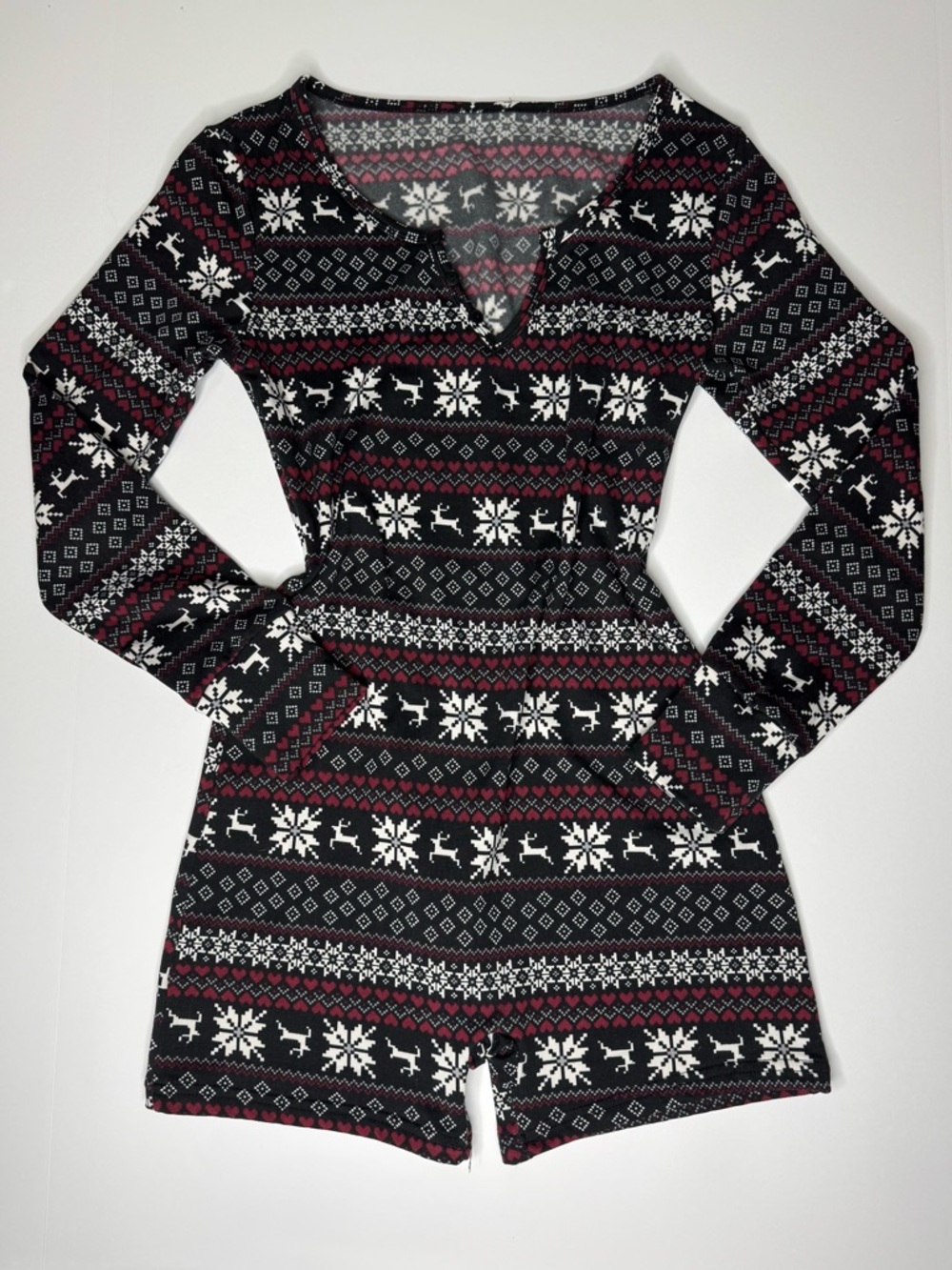 Fair Isle Romper Pajamas Small Reindeer Snowflake Lounge One Piece